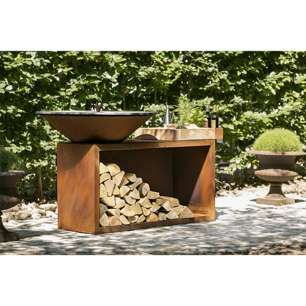 Braséro Plancha OFYR Island 100 Acier Corten Billot Teck 3 Braséro Plancha OFYR Island 100 Acier Corten Billot Teck
